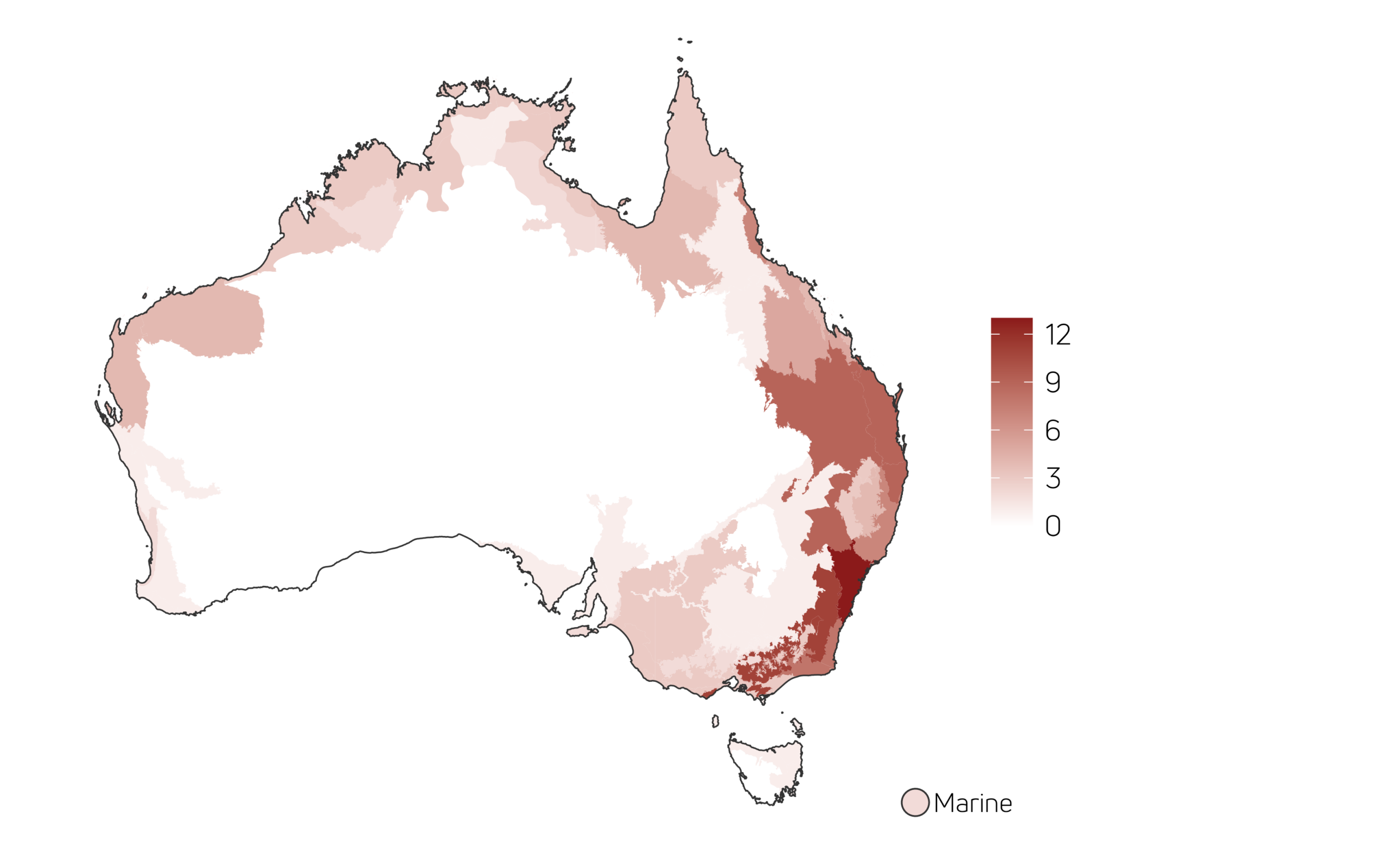 Number of threatened species added to the EPBC list in 2024 by bioregion.