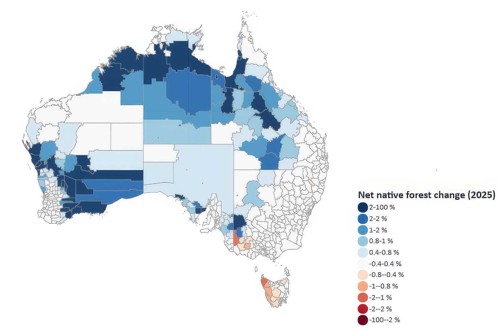 Net native forest change in 2025
(% of local government area)