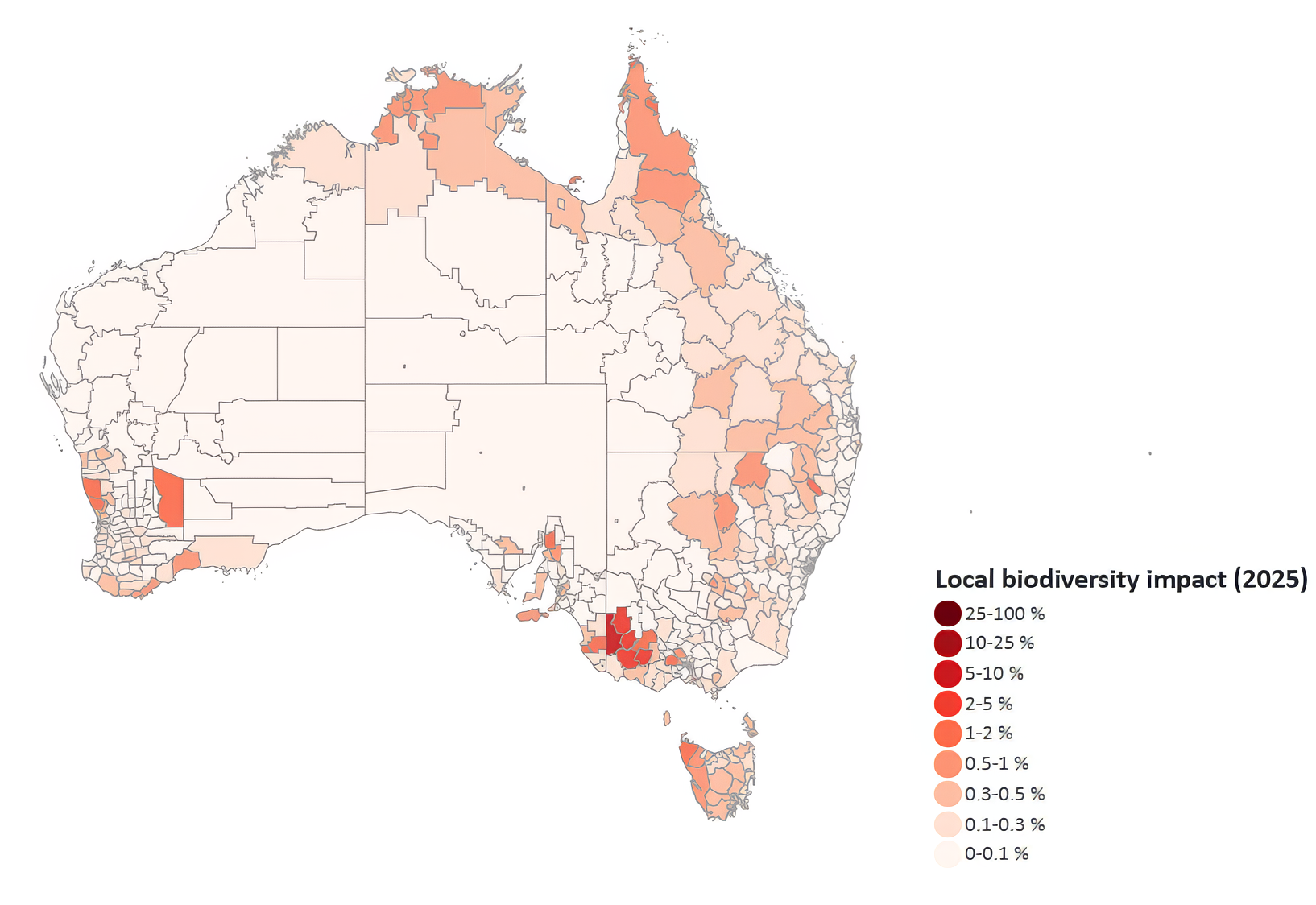 Percentage of remaining high-integrity native
vegetation lost in 2025 per Local Government Area